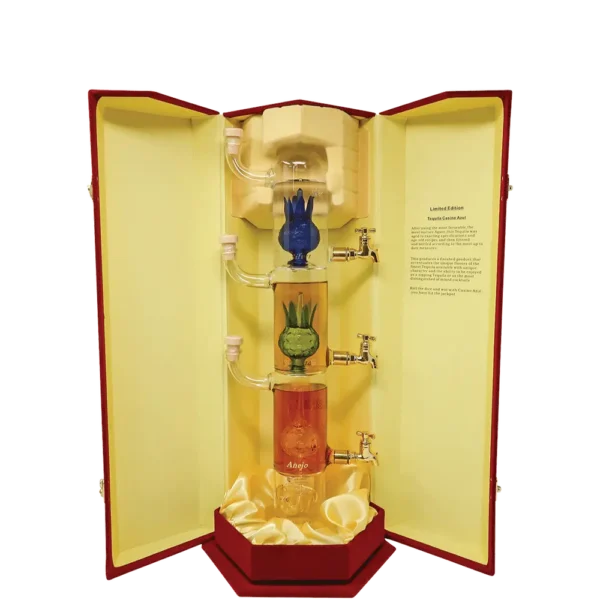 **Azul Tequila bottle with three chambers in a red velvet case.**